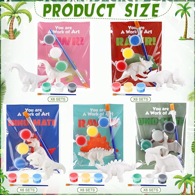 30 Sets Dinosaur Painting Kit with Valentine's Day Cards Dinosaur Figurines Arts and Crafts Exchange Gift Birthday Valentine's Day Party Favor Supplies
