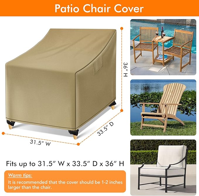 WLEAFJ Outdoor Chair Covers Waterproof, Khaki Lawn Patio Furniture Covers, Heavy Duty Wicker Garden Sofa Chair Cover, 2 Pack - 31.5" W x 33.5" D x 36" H