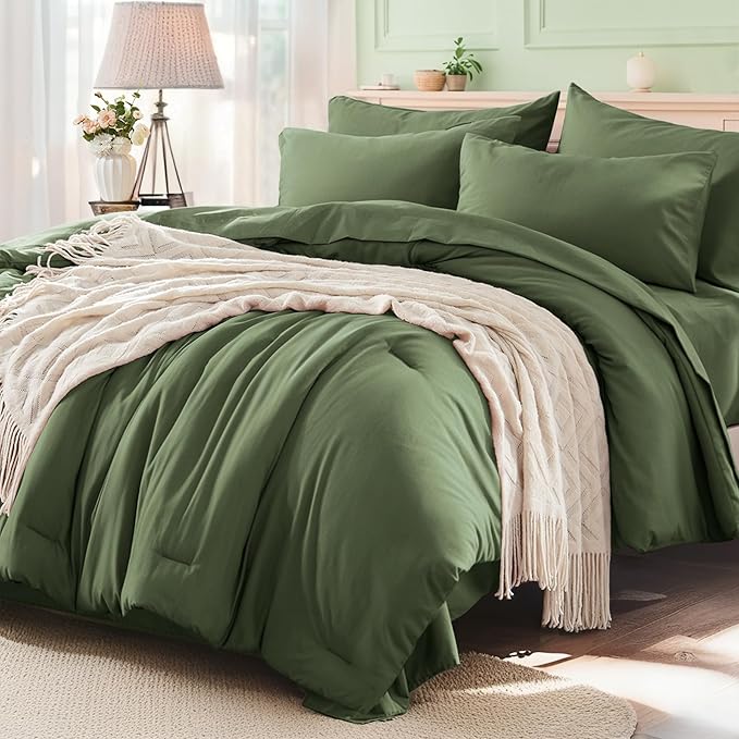 Anluoer King Size Comforter Set 7 Pieces, Olive Green Bed in a Bag Bedding Set with 1 Comforter, 2 Pillow Shams, 2 Pillowcases, 1 Flat Sheet, 1 Fitted Sheet