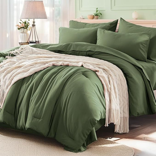 Anluoer Olive Green California King Comforter Set 7 Pieces, Bed in a Bag with Sheets, All Season Bedding Sets with 1 Comforter, 2 Pillow Shams, 2 Pillowcases, 1 Flat Sheet, 1 Fitted Sheet