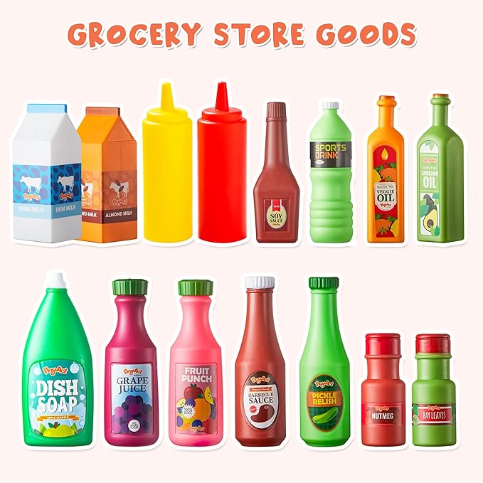 JOYIN 30Pcs Play Food Grocery Cans, Play Kitchen Accessories, Includes Drink, Juice, Jar, Seasoning, Water Bottle, Sauce, Yogurt, Ice Cream, Snack Box, Kids Gifts & Indoor Toys