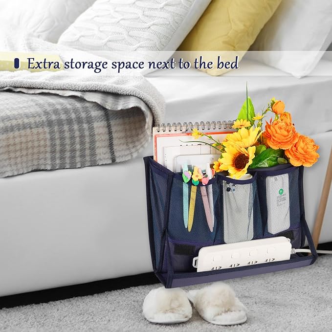 Bedside Storage Organizer with Power Strip Holder and Adjustable Straps Bed Hanging Bag for Home Bunk Bed Dorm Sofa (Navy Blue)