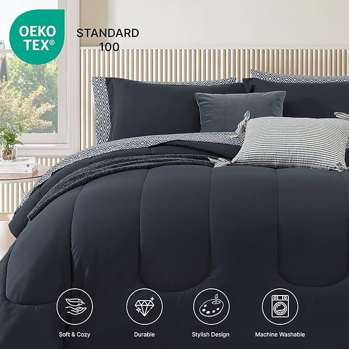 Monbix Queen Comforter Set - 7 Pieces Blue Grey Bed in a Bag Queen Track Stitching Bedding Sets, All Seasons Comforter Bed Set with Sheets, Pillowcases & Shams