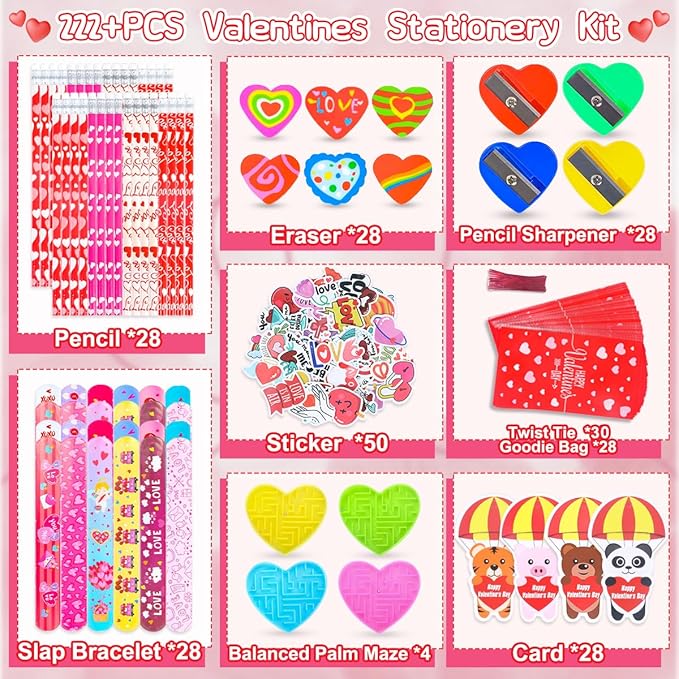 28 Pack Valentines Day Gifts for Kids Classroom, 222 PCS Valentines Exchange Party Favors Toys with Pencils, Erasers, Stickers, Cards, Slap Bracelets, Mazes, Assorted Valentines Stationery Kit