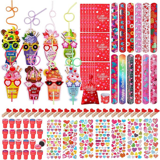 Atonofun 168 Pcs Valentines Day Gifts for Kids, Valentines Day Cards Crazy Straws Bulk Stickers Stampers Slap Bracelets Classroom Prize School Exchange Boys Girls Valentine's Day Party Favors