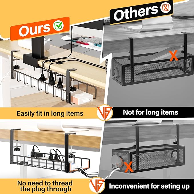 2 Pack Cable Management Under Desk Tray, 31.4" No Drill Under Desk Wire Management with Upgraded Clamp, Metal Cord Organizers for Desk with Cable Organizers, PC Cable Management Rack, Black