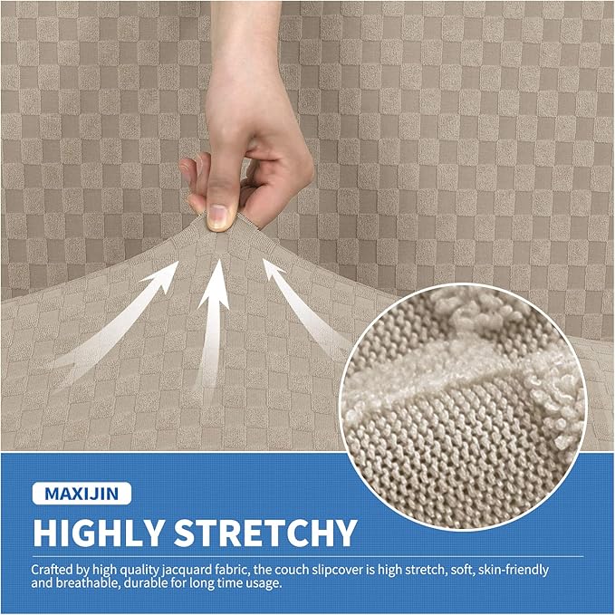 MAXIJIN 3 Piece Stretch Couch Covers for 2 Cushion Couch Sofa Slipcovers with 2 Extra Large Seat Cushion Couch Jacquard Loveseat Sofa Couch Cover for Dogs (2 Cushion Sofa, Khaki)