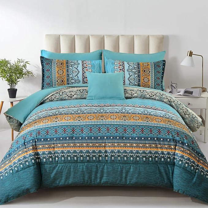 Boho Full Comforter Set 8 Pieces,Teal and Yellow Bohemian Comforter Paisley Striped Bed in A Bag,Soft Microfiber Bedding Set for All Season