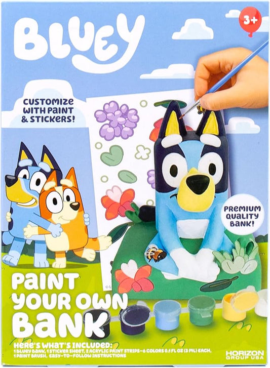 Bluey Paint Your Own Bank, Includes 6 Paints, Stickers, Vinyl Bank, Piggy Bank for Kids, Themed Piggy Bank, Great Gift Birthday Party, Toy Figures, Paintable Bluey Toys, Bluey Toys for Toddlers 1-3