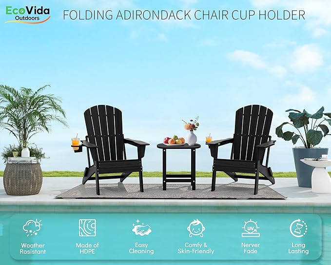 Upgraded Folding Adirondack Chair with All-Weather Cup Holder-EcoVida, Premium Wood Grain Texture, HDPE Waterproof, Suitable for Fire Pit, Patio, Porch, Black