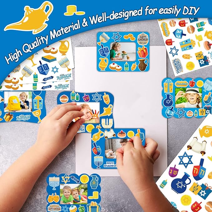 30 Packs Hanukkah Picture Frame Craft Kits for Kids Hanukkah DIY Craft Set with Menorah Dreidel Jewish Festival Stickers Home Classroom Indoor Game Activities