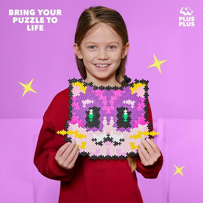 Plus Plus Puzzle By Number, 500 Piece Mini Interlocking Hashtag Color Blocks, 3D Pixel Art Kit for Kids - Kitten