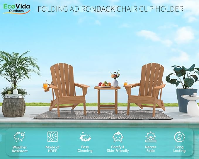 Upgraded Folding Adirondack Chair with All-Weather Cup Holder-EcoVida, Premium Wood Grain Texture, HDPE Waterproof, Suitable for Fire Pit, Patio, Porch, Cedar