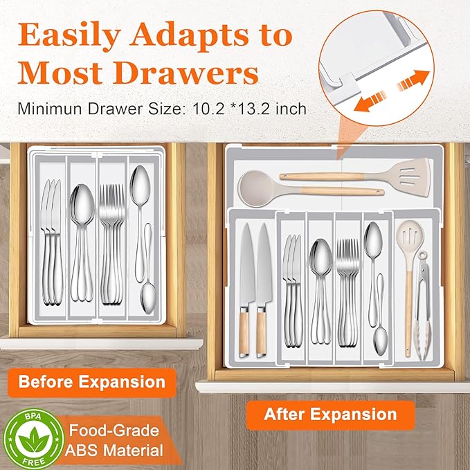 Spaclear Silverware Organizer - Expandable Silverware Tray for Drawer, Adjustable Utensil Drawer Organizer for Forks, Knives, Kitchen Organizers and Storage, White