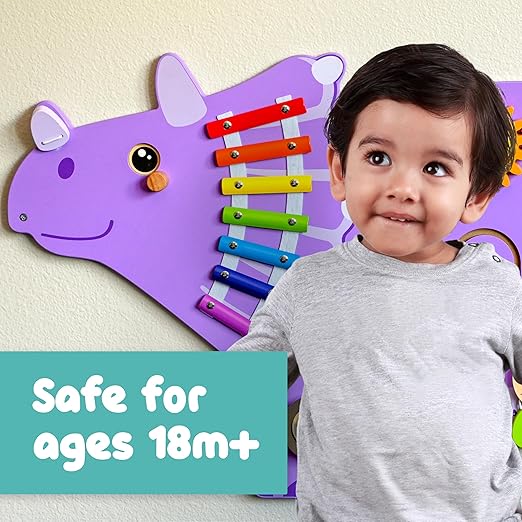 SPARK & WOW Triceratops Activity Wall Panels - Ages 18m+ - Montessori Sensory Toy - 8 Activities - Busy Board - Toddler Room Décor