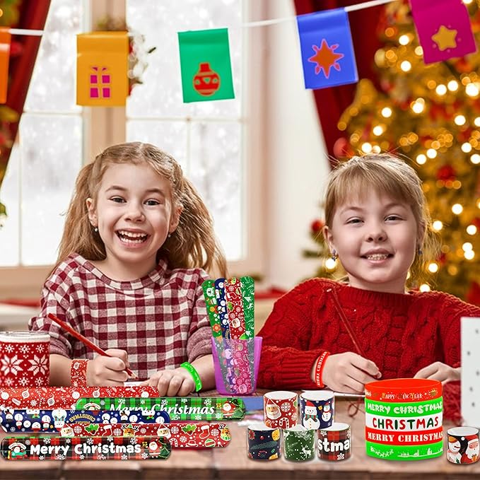 JUNEBRUSHS 50 Pack Christmas Party Favors Christmas Slap Bracelets Rubber Wristbands Assorted for Kids Slap Bands Silicone Snap Bracelets Bulk for Boys Girls Prizes Gifts Toys Stocking Stuffers