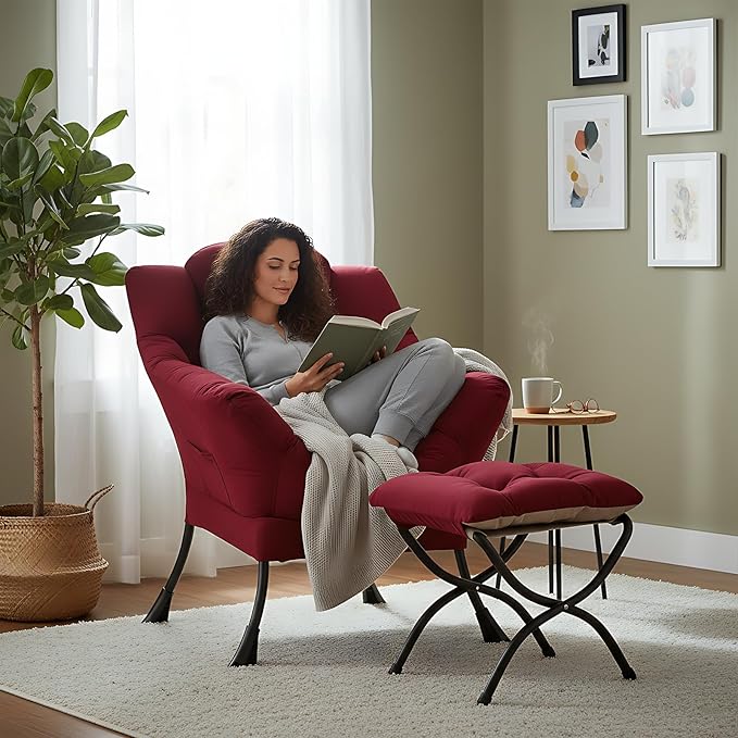 Welnow Lazy Chair with Ottoman, Modern Lounge Accent Chair with Armrests and a Side Pocket, Leisure Sofa Armchair, Reading Armchair with Footrest for Small Space, Burgundy
