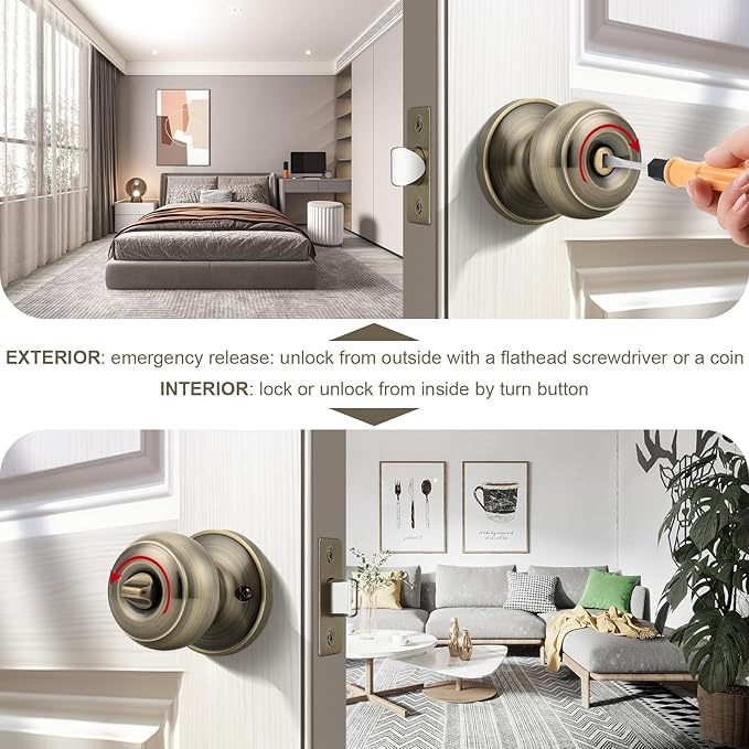 Probrico 6 Pack Privacy Door Knobs Lock Interior Bedroom Bathroom Door Handle Antique Brass Round Ball Keyless Lockset