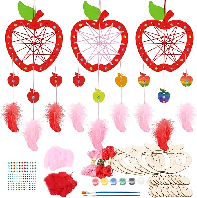 Fennoral 6 Pack Apple Dream Catcher Craft Kit for Kids Paint You Own Dream Catcher DIY Coloring Wooden Back to School Art and Craft for Classroom Art Activity First Day of School Decoration