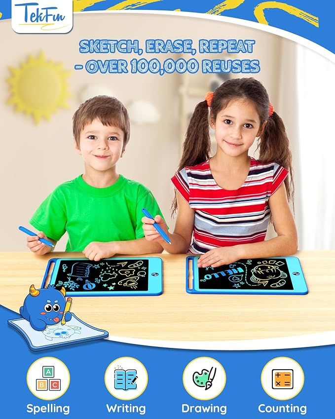 TEKFUN 2 Pack LCD Writing Tablet for Kids, 10 Inch Blue+Blue Doodle Board Drawing Board Reusable Drawing Tablet with Lanyard, Educational Kids Toys Birthday Gift for Boys Girls 3-12 Years Old
