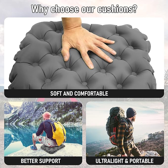 BreezCamp Inflatable Seat Cushion, Lightweight Stadium Seat Pad, Camping Accessories Chair Pad for Airplane Travel, Hiking, Climbing, Home and Office,Gray
