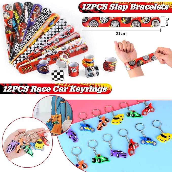 122 PCS Race Car Party Favors, Racing Birthday Party Favors with Pull Back Cars Drawstring Bags Slap Bracelet Keychain Stamper Tattoo Stickers, Racecar Theme Party Supplies Goodie Bag for Boys Kids