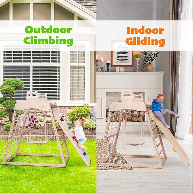 Jungle Gym Indoor (8 in 1) Wooden Indoor Playground, Toddler Wooden Climbing Toys, Montessori Playset, Gym with Slide, Climbing Net, Swing, Tent, Gymnastics Ring…