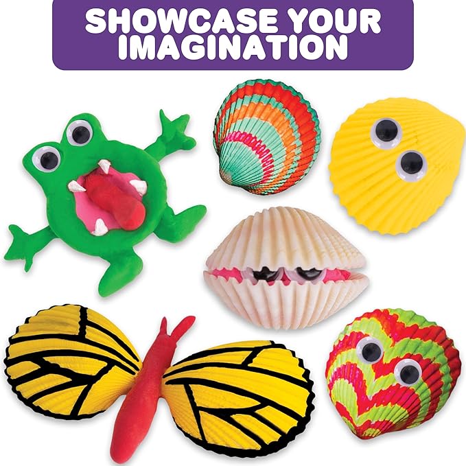 ArtCreativity Seashell Painting Kit for Kids - Sea Shell Craft Kit with 12 Real Seashells, 8 Paint Pots, 2 Glitter Paint Tubes, Air Dry Clay, and More - Summer Arts and Crafts Kits for Girls Ages 4-12