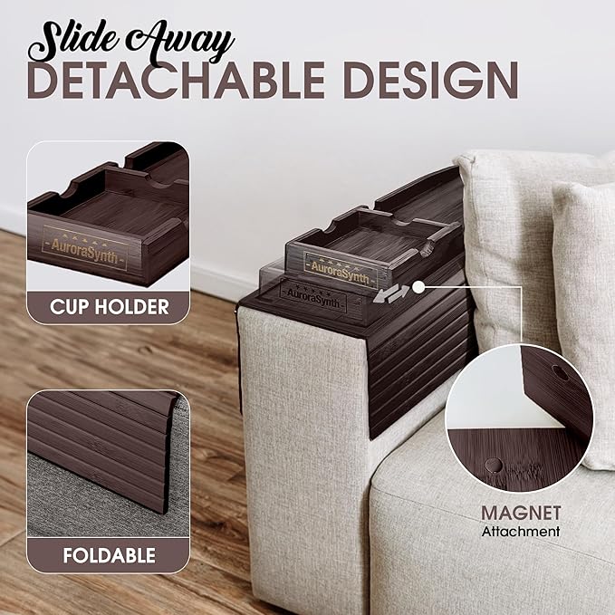 Couch Cup Holder with 2 Cork Coasters | Couch Caddy with Detachable Tray | Anti-Slip Foldable Armrest Sofa Tray, Anti-Spill Holder for Remote, Snacks, Cellphone - Ideal Gift (Walnut)