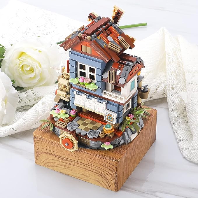 Windmill Building Toy Windmill House Music Box Building Blocks Set Flowers Windmill House for Best Gift Adults and Kids Anniversary Birthday