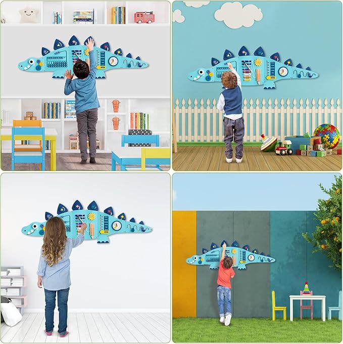 Beright Dinosaur Activity Wall Busy Board Panels, Montessori Sensory Toys, Toddler Learning Activity Center, Perfect for Toddler Playroom & Children's Daycare, Blue