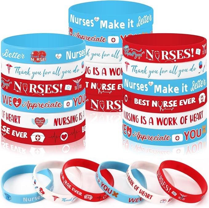 JUNEBRUSHS 42pcs Thank You Nurse Party Favors Silicone Bracelets Graduate Inspirational Rubber Wristbands Accessories for Nurse Appreciation Week Decorations Party Favors Supplies(6 Designs)