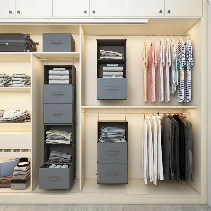 Twira 6-Shelf Hanging Closet Organizer, 2 Separable 3-Shelf Hanging Shelves, Hanging Storage with 3 Removanle Drawers 4 Side Pockets for Wardrobe, Nursery, Drom, Baby Clothes Organization Dark Grey