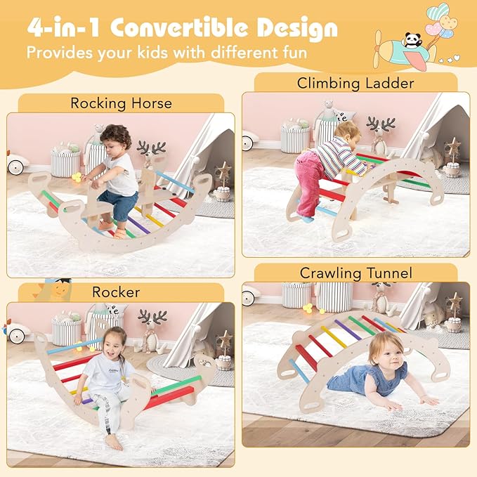 HONEY JOY Wooden Rocking Climbing Arch, 4-in-1 Montessori Kids Arch Rocker Climber Ladder for Rocking Horse, Children Indoor Outdoor Gym Learning Playset, Playground Climbing Toys for Toddlers Gift