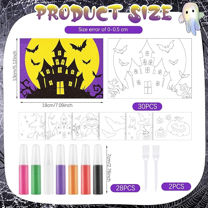 30 Sets Halloween Sand Art Kits for Kids DIY Halloween Craft Pumpkin Witch Sand Painting Colored Sand Art Painting Cards Set for Children DIY Arts Halloween Theme Party Painting Activity