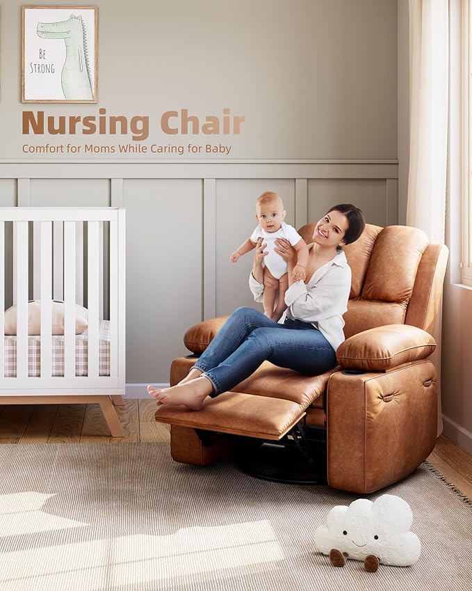 27'' Leather Recliner Chair Oversized, Overstuffed Manual Recliner Chair, Single Sofa for Adults, with Cup Holder and Side Pockets, for Living Rooms, Max Weight 400 lbs, Vintage Leather