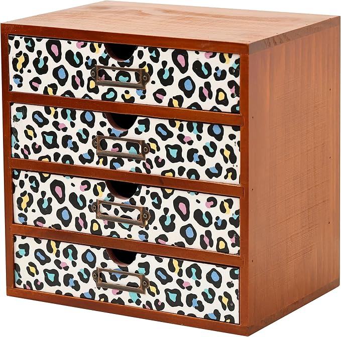 Colorful Leopard Print Wooden Desk Organizer - 4-Drawer Desktop Storage Cabinet for Office Supplies, Craft Tools & Home Organization - Trendy Wood Design for Crafters, Art Enthusiasts, Students