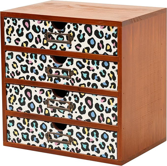 Colorful Leopard Print Wooden Desk Organizer - 4-Drawer Desktop Storage Cabinet for Office Supplies, Craft Tools & Home Organization - Trendy Wood Design for Crafters, Art Enthusiasts, Students