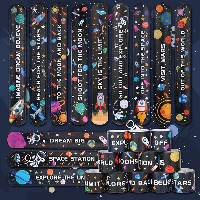 144 Pieces Space Slap Bracelets Astronaut Planet Rocket Space Ship Wristbands Bracelets Fun Words Printed Slap Bracelets Wristband for Party Favor Gifts School Classroom Prize Exchange,12 Styles
