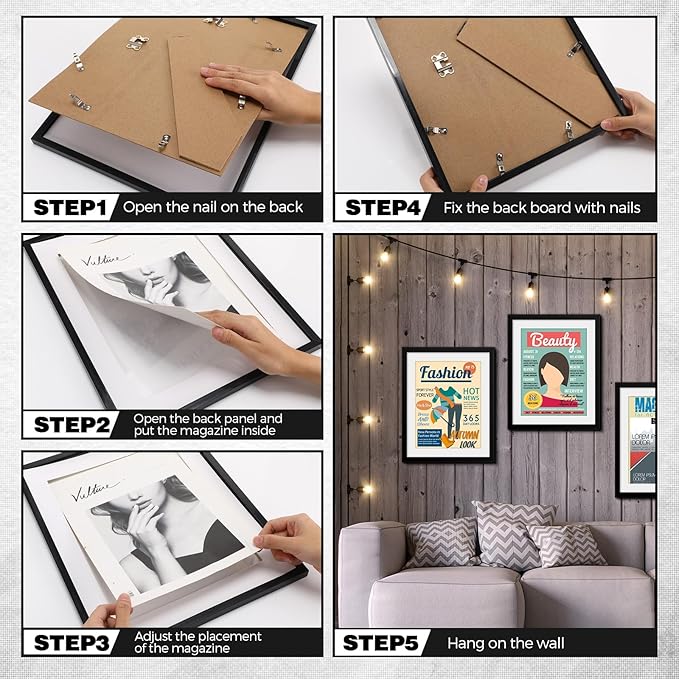 Geetery 4 Pcs Sports Magazine Frame for Wall Fits Measuring 8.5 x 11.25" Magazine Display Frame with Installed Hangers and Core Matting Plastic Comic Book Frames for Wall Hanging(Black , White Mat)