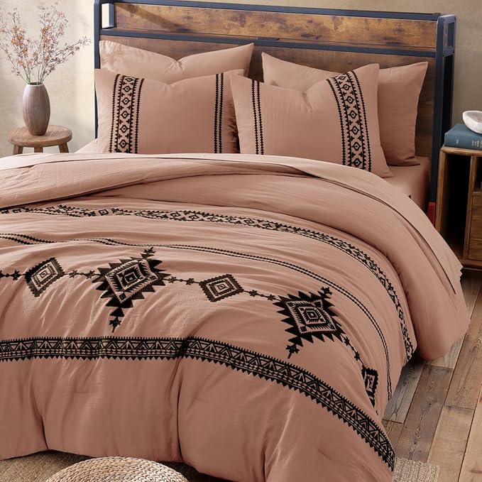 MaiRêve Embroidery Comforter Set, Boho Farmhouse Western Bedding Set, All Season Bed in A Bag Comforter Set with Sheets, Pillowcases & Shams, Dusty Pink Queen 7 Pieces