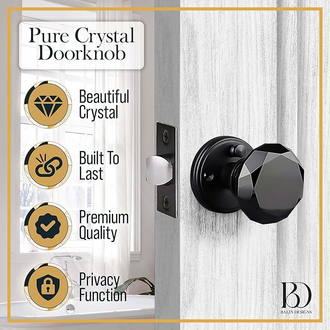 Black Crystal Door Knob with Lock, Glass Door Knobs Interior Privacy Set, Vintage Decorative Antique Style Handle for Bedroom, Bathroom, Closet, 1 Pack