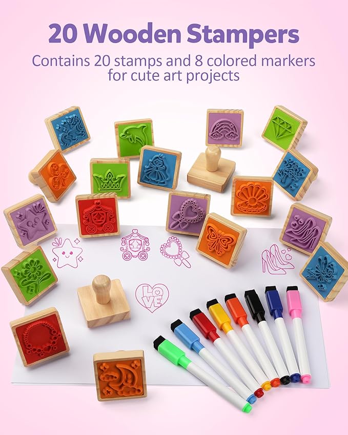 Coogam Wooden Stamp for Girls Friendship, 20pcs Color Shape Unicorn Butterfly Mermaid Stamp Set with Markers, DIY Arts Crafts Printing Stamping Party Favor Toy Gift for 3 4 5 Year Old Kids