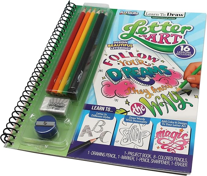Art Supplies for Kids, Set of 2 Learn to Draw; Letter Art, for Boys & Girls, Teens & Adults, Kit Includes Project Book, Color Pencil Set, Eraser, Sharpener, Drawing Pencil, Marker