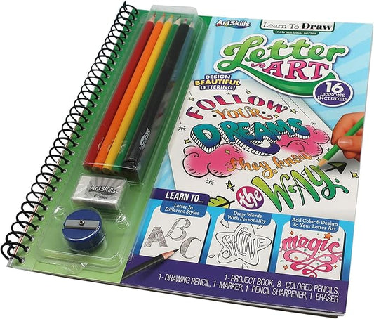 Art Supplies for Kids, Set of 2 Learn to Draw; Letter Art, for Boys & Girls, Teens & Adults, Kit Includes Project Book, Color Pencil Set, Eraser, Sharpener, Drawing Pencil, Marker