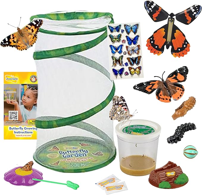 Insect Lore Butterfly Garden - 8" Habitat | 1 Cup of Live Baby Caterpillars | Life Cycle Figurines, Stickers, Wind up, Mini Habitat | Birthday or Teacher Gift Set