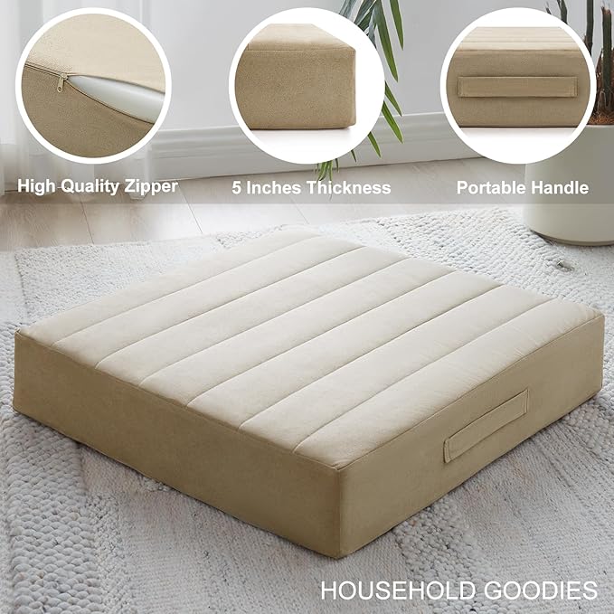 2 Pcs High Density Foam Floor Pillow - Upgraded Large Pillows Seating for Adults - Outdoor Floor Cushion with Soft Tufted Cover - Yoga Pillows for Sitting On Floor - 22 Inch Khaki