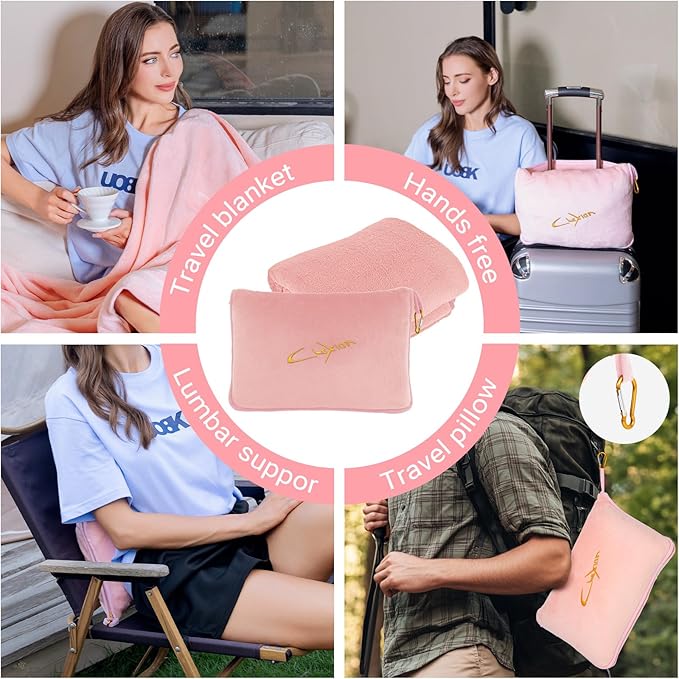 CLEXION Travel Blanket & Pillow Set, 300 GSM Soft Fleece, 60x43 Inches, 3-in-1 Airplane Blanket, Travel Pillow and Blanket Set, Travel Blanket Airplane Compact with Bag, Travel Essentials, Pink