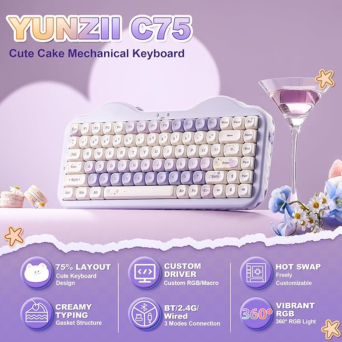 YUNZII C75 Wireless Mechanical Keyboard,75% Layout, Hot-Swappable NKRO,BT5.0/2.4G/USB-C Mode,Dye-Sub PBT MOA Keycaps,RGB Gasket Mount,Cute Cake Design for Mac/Win/Gaming (Purple, Candy Switch)