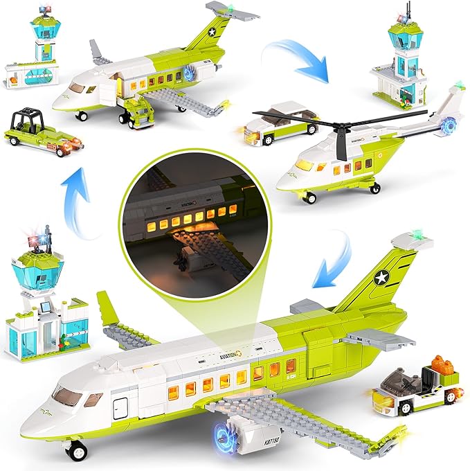 3 in 1 City Passenger Airplane Building Sets with LED Light, 684 PCS Toy Plane Building Blocks with Airport Terminal, Luggage Cart, Aircraft Tug Model Plane Toys for Kids 6-12+